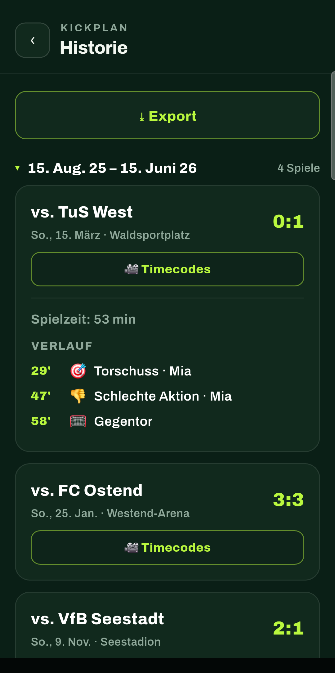 KickPlan Historie mit Timecodes