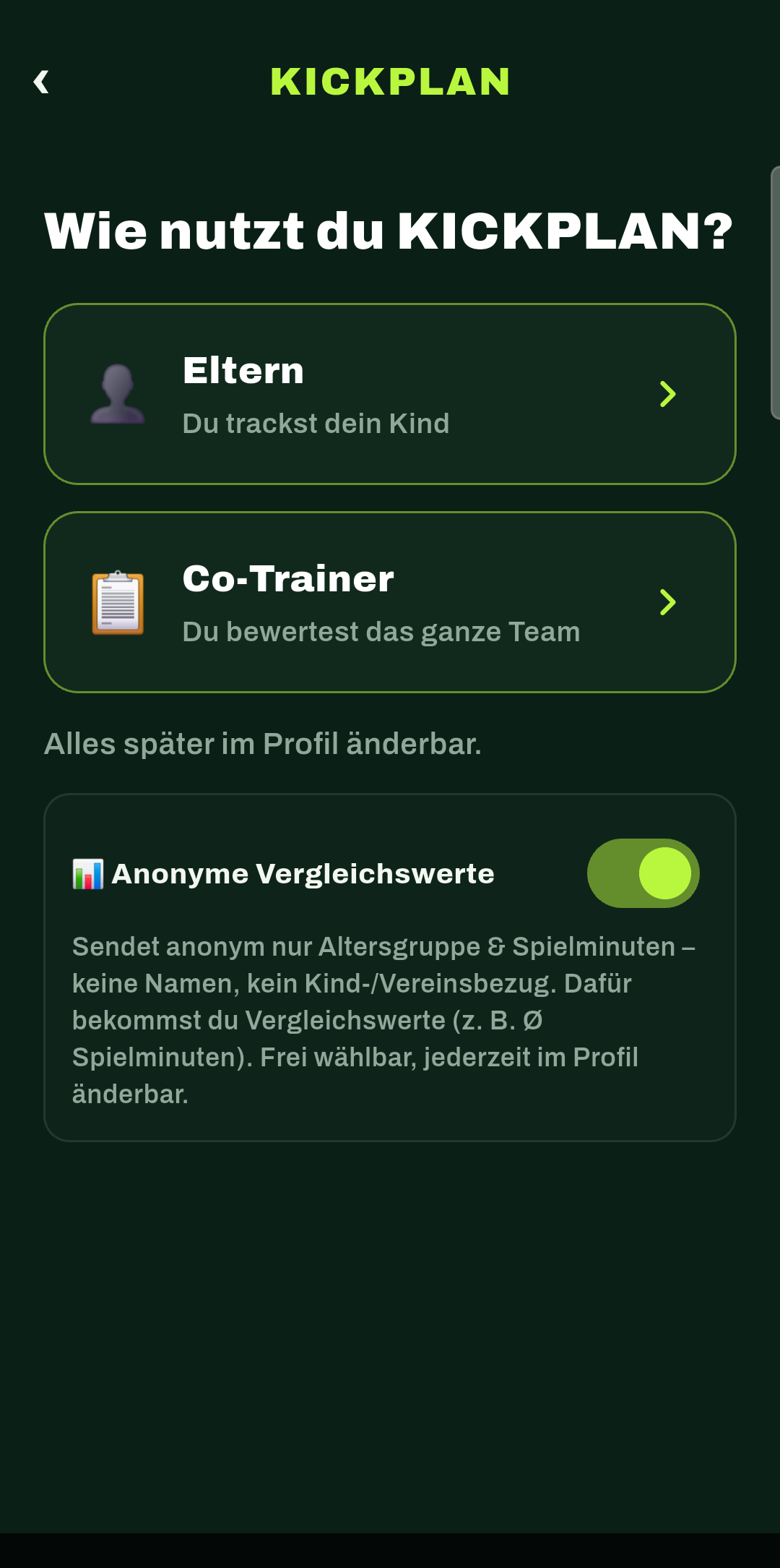 KickPlan Einrichtung: Modus wählen